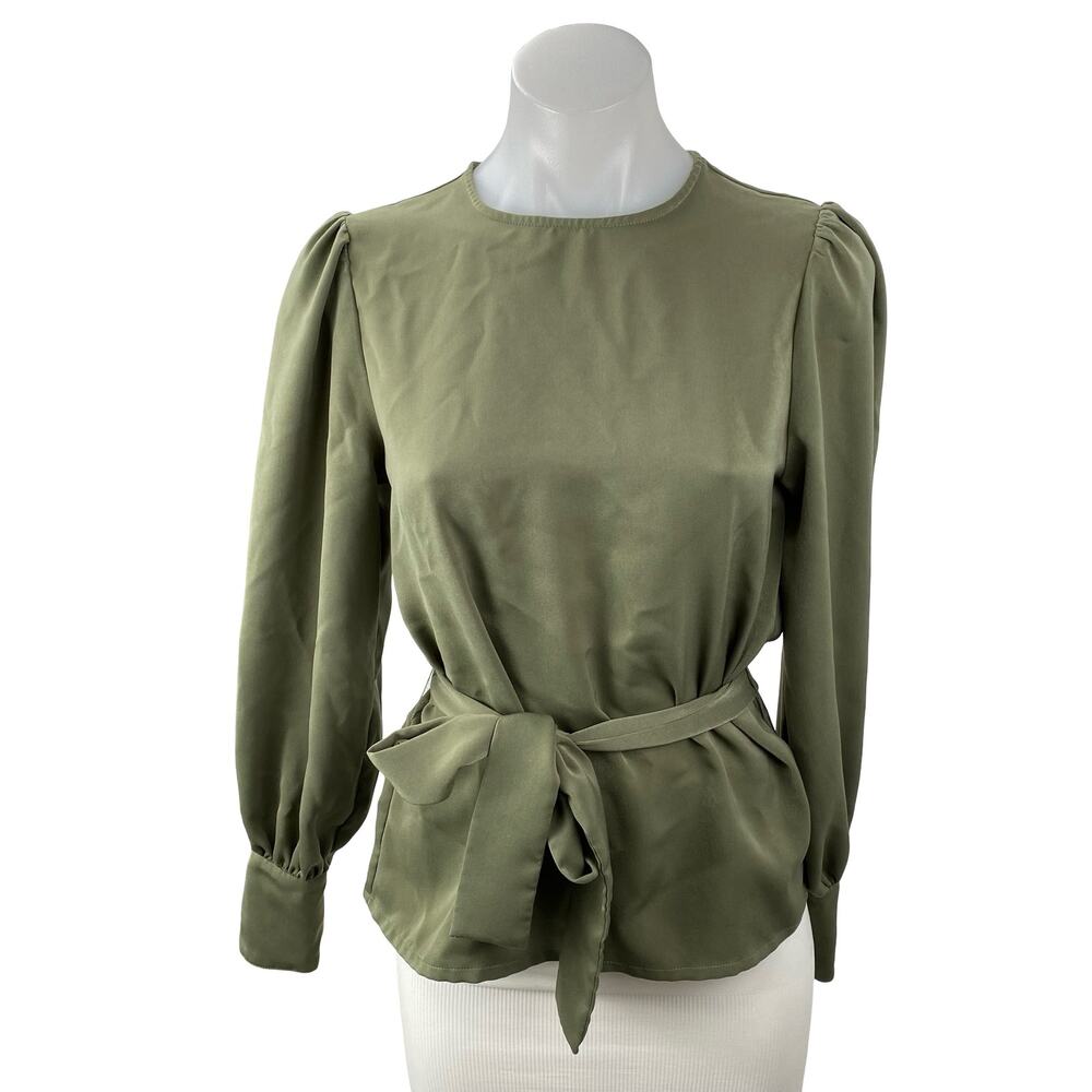 Oak + Fort Women's Green Long Balloon Sleeve Tie Waist Peplum Blouse Top Size XS